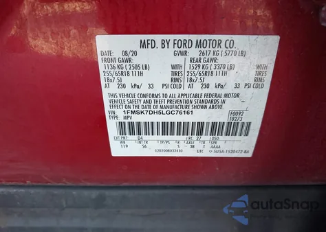 2020 Ford Explorer Xlt z USA, uszkodzony, nr VIN 1FMSK7DH5LGC76161